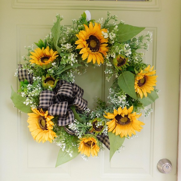 Handcrafted Other - Sunflower Wreath for Front Door, Late Summer and Fall, Bright Vibrant Decor